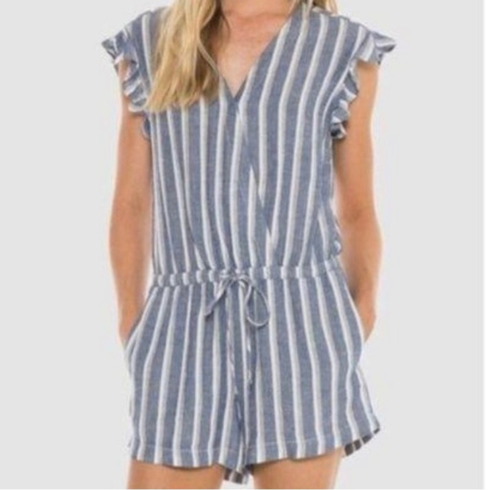 Bella Bahl Blue Stripe Ruffled Linen Romper XS